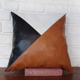 Color Block Faux Leather Pillow Cover Cognac, Black & White - thumbnail 2