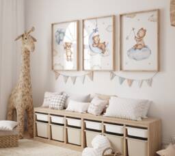 Teddy Bear Nursery Wall Art, Nursery Prints, Bear Decor, Beige Nursery, Stars Cloud Moon, Set Of 3 - thumbnail 1