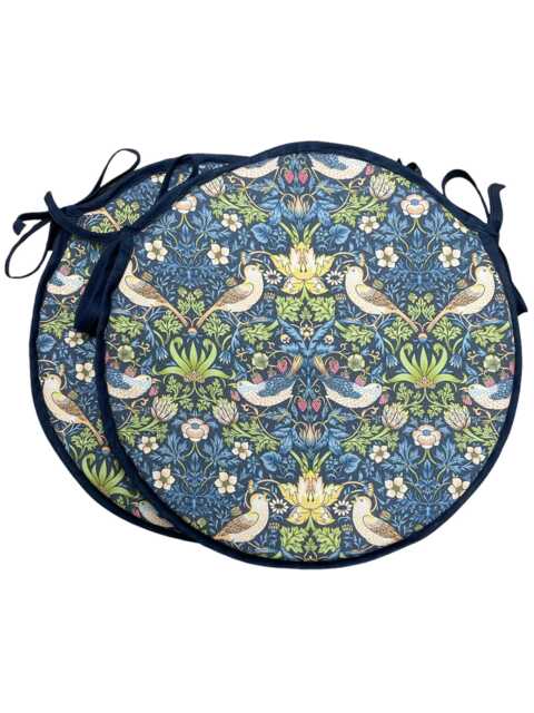 "Set Of 2 William Morris - Strawberry Thief Navy 100% Cotton Bistro/Round/Garden/Kitchen/Patio Seat Pads Available in 3 Sizes 12"" 14"" 16" - image 1
