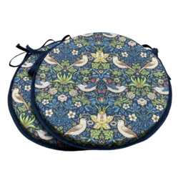 "Set Of 2 William Morris - Strawberry Thief Navy 100% Cotton Bistro/Round/Garden/Kitchen/Patio Seat Pads Available in 3 Sizes 12"" 14"" 16" - thumbnail 2
