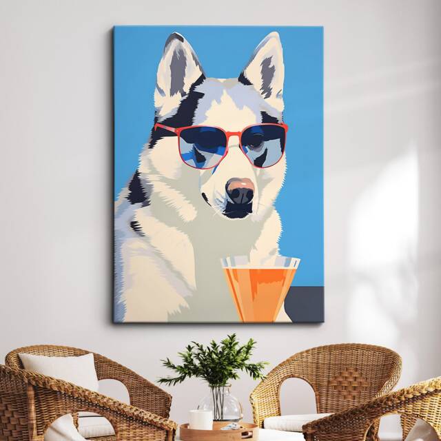Vibrant Husky Drinking With Glasses Dog Painting Framed Poster Print & Canvas Wall Decor Art Bedroom Home Interior Gift For Lover - image 1