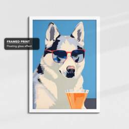 Vibrant Husky Drinking With Glasses Dog Painting Framed Poster Print & Canvas Wall Decor Art Bedroom Home Interior Gift For Lover - thumbnail 3