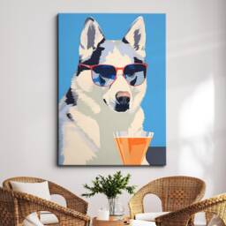Vibrant Husky Drinking With Glasses Dog Painting Framed Poster Print & Canvas Wall Decor Art Bedroom Home Interior Gift For Lover - thumbnail 1