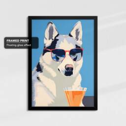 Vibrant Husky Drinking With Glasses Dog Painting Framed Poster Print & Canvas Wall Decor Art Bedroom Home Interior Gift For Lover - thumbnail 2