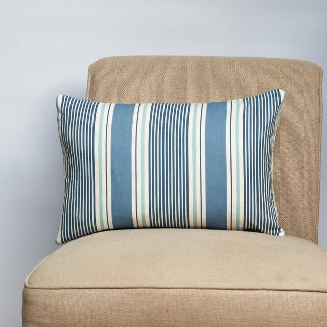 Coastal Stripe Boudoir Cushion in Navy Blue. Classic Nautical Striped Pattern Marine Blue & Seafoam White. 17x12 - image 1