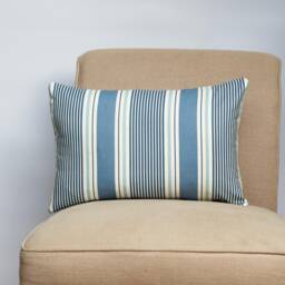 Coastal Stripe Boudoir Cushion in Navy Blue. Classic Nautical Striped Pattern Marine Blue & Seafoam White. 17x12