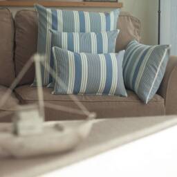Coastal Stripe Boudoir Cushion in Navy Blue. Classic Nautical Striped Pattern Marine Blue & Seafoam White. 17x12 - thumbnail 3