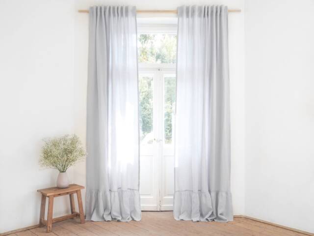Light Gray Linen Curtain Panel With Ruffle, Farmhouse Style - image 1