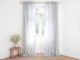 Light Gray Linen Curtain Panel With Ruffle, Farmhouse Style - thumbnail 1