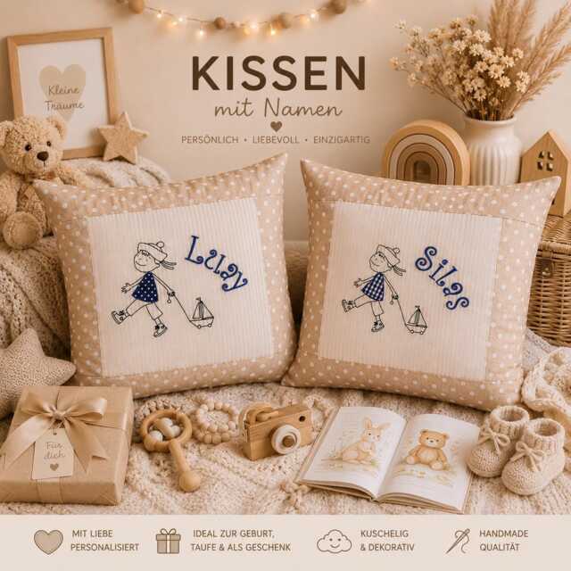 Embroidered Cushion Little Sailor + Name //Natural// 40x40 cm Pillowcase Gift Cuddly Cushion Snuggle Personalized - image 1