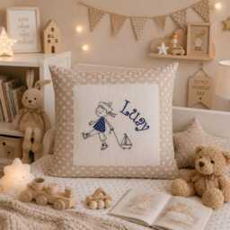 Embroidered Cushion Little Sailor + Name //Natural// 40x40 cm Pillowcase Gift Cuddly Cushion Snuggle Personalized - thumbnail 4