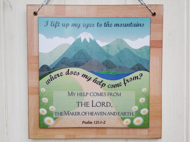 Bible Verse Art, I Lift Up My Eyes To The Mountains, Wood Sign, Wall Hanging, Psalm 1211-2, Colour Print On Wood Decoupage - image 1