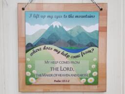 Bible Verse Art, I Lift Up My Eyes To The Mountains, Wood Sign, Wall Hanging, Psalm 1211-2, Colour Print On Wood Decoupage - thumbnail 1