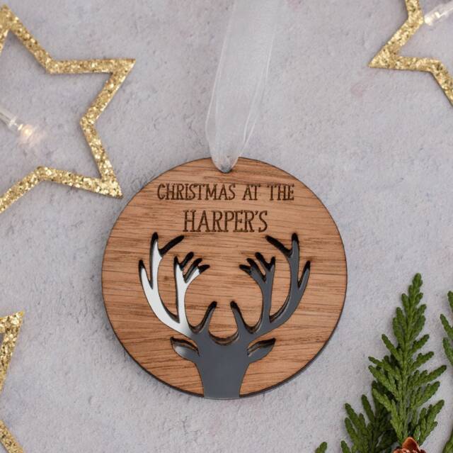 Mirrored Reindeer Personalised Bauble Personalised Christmas Decoration Ornaments Rustic Decor Wooden Gift