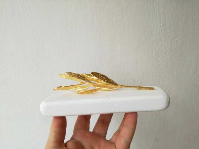 Gold Olive Branch On White Marble, Twig Stone, Greek Gift in Gold - image 1