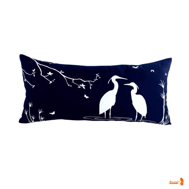 Navy Blue Egret Pillow Swamp Scene Lumbar Cushion - image 1
