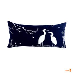 Navy Blue Egret Pillow Swamp Scene Lumbar Cushion - thumbnail 1