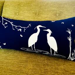Navy Blue Egret Pillow Swamp Scene Lumbar Cushion - thumbnail 4