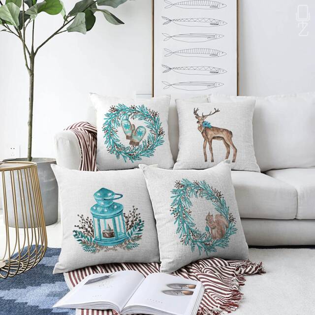 Light Blue Wreath Christmas Cushions With Lantern, Squirrel, Glove & Reindeers - Double Sided Printing On The Chenille Different Sizes - image 1