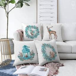 Light Blue Wreath Christmas Cushions With Lantern, Squirrel, Glove & Reindeers - Double Sided Printing On The Chenille Different Sizes - thumbnail 1
