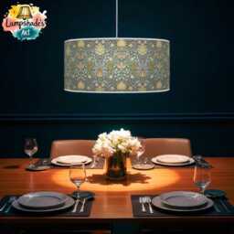 Floral Light Shade - Morris Inspired Lampshade in Mustard Green Boho Style Drum Handmade Lamp - thumbnail 2