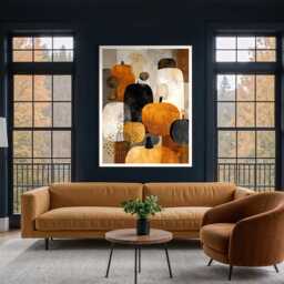 Geometric Pumpkin Art Print Minimal Neutral Autumn Home Decor Orange Black Harvest Inspired Modern Wall Thanks Giving Painting Botanical - thumbnail 3
