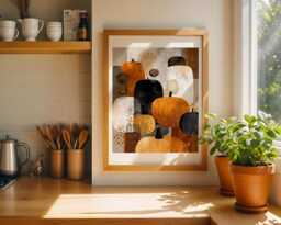 Geometric Pumpkin Art Print Minimal Neutral Autumn Home Decor Orange Black Harvest Inspired Modern Wall Thanks Giving Painting Botanical - thumbnail 1