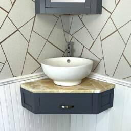 Grey Painted Bathroom Vanity Unit Corner Wash Stand Golden Onyx & Ceramic Basin 501Wggocbc - thumbnail 2