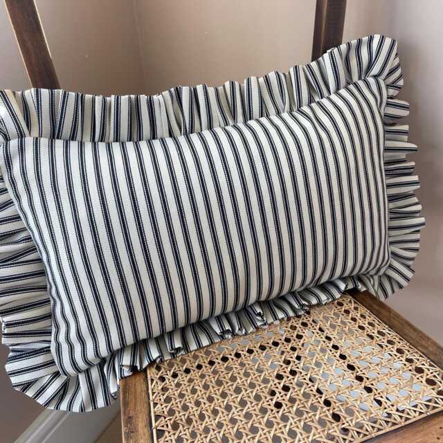 Black Ticking Stripe Lumbar Cushion Cover With Ruffled Edge. Handmade Bolster Pillow. Farmhouse Decor - image 1