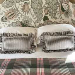 Black Ticking Stripe Lumbar Cushion Cover With Ruffled Edge. Handmade Bolster Pillow. Farmhouse Decor - thumbnail 3