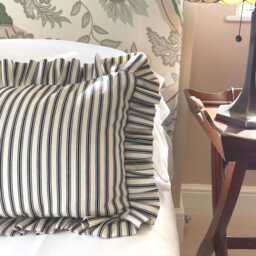 Black Ticking Stripe Lumbar Cushion Cover With Ruffled Edge. Handmade Bolster Pillow. Farmhouse Decor - thumbnail 4
