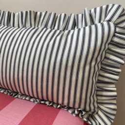 Black Ticking Stripe Lumbar Cushion Cover With Ruffled Edge. Handmade Bolster Pillow. Farmhouse Decor - thumbnail 2