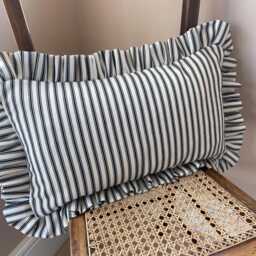 Black Ticking Stripe Lumbar Cushion Cover With Ruffled Edge. Handmade Bolster Pillow. Farmhouse Decor