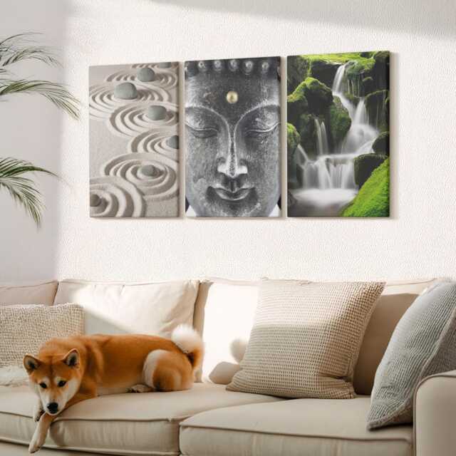 Canvas Set Of 3 Wall Art - The Peace Nature With Stones, A Waterfall & Buddha, Gray Art, Natural Textures Hanging Piece - image 1