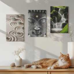 Canvas Set Of 3 Wall Art - The Peace Nature With Stones, A Waterfall & Buddha, Gray Art, Natural Textures Hanging Piece - thumbnail 3