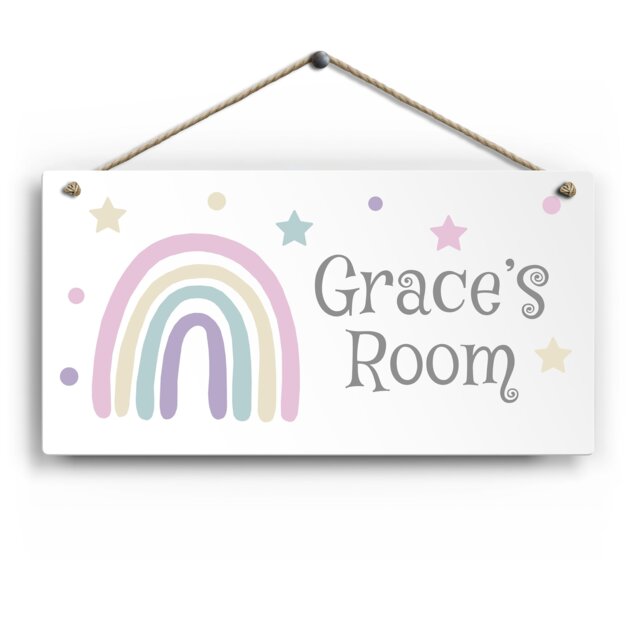 Personalised Room Sign With Childs Name - Pastel Rainbow Theme. Gloss Metal Wall Art. Baby, Toddler, Infant Bedroom - image 1