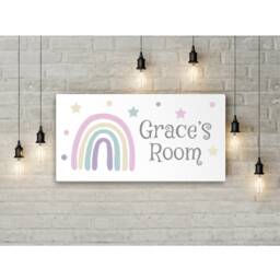 Personalised Room Sign With Childs Name - Pastel Rainbow Theme. Gloss Metal Wall Art. Baby, Toddler, Infant Bedroom - thumbnail 2