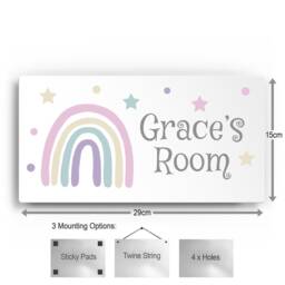 Personalised Room Sign With Childs Name - Pastel Rainbow Theme. Gloss Metal Wall Art. Baby, Toddler, Infant Bedroom - thumbnail 3