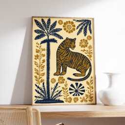 Bold Tiger Wall Art Print, Modern Jungle Poster, Vintage Folk Style Animal Illustration, Bohemian Home Decor in Navy & Gold - thumbnail 2