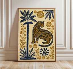 Bold Tiger Wall Art Print, Modern Jungle Poster, Vintage Folk Style Animal Illustration, Bohemian Home Decor in Navy & Gold - thumbnail 1