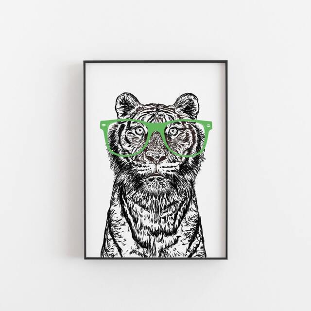 Tiger With Glasses Art Print Black & White Wildlife Illustration - image 1