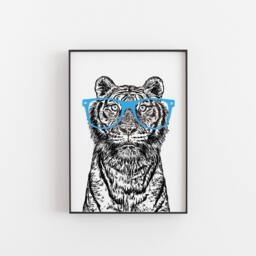 Tiger With Glasses Art Print Black & White Wildlife Illustration - thumbnail 2