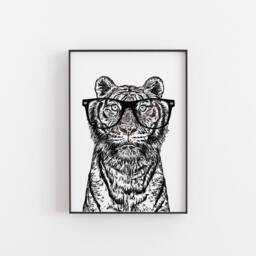 Tiger With Glasses Art Print Black & White Wildlife Illustration - thumbnail 3