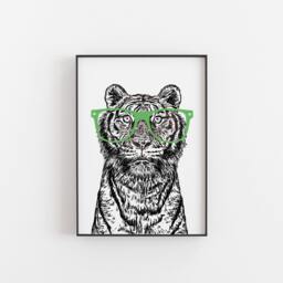 Tiger With Glasses Art Print Black & White Wildlife Illustration - thumbnail 1