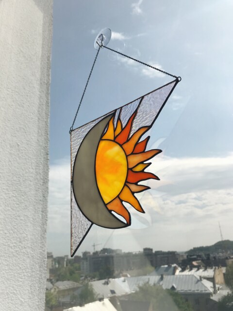 Corner Yellow Sun Moon Suncatcher. Stained Glass Christmas Gift Window Wall Hangings Decoration Deco Art - image 1