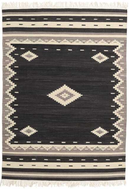 Handwoven Wool Kilim Rug Black, Grey, & Mustard Scandi Decor - image 1