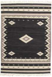 Handwoven Wool Kilim Rug Black, Grey, & Mustard Scandi Decor - thumbnail 1