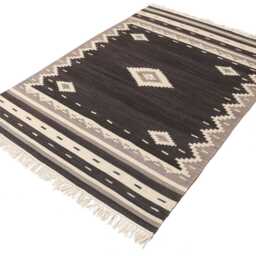Handwoven Wool Kilim Rug Black, Grey, & Mustard Scandi Decor - thumbnail 4