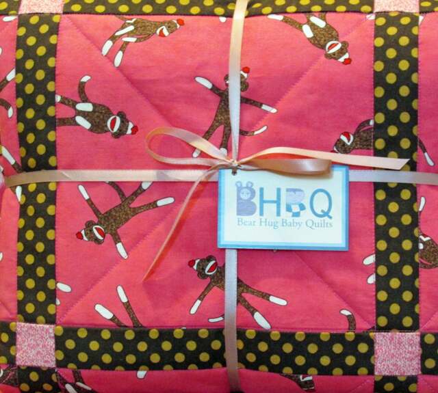 strawberry Sock Monkey Baby Quilt Handmade Cotton Flannel Crib Bedding - image 1