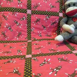 strawberry Sock Monkey Baby Quilt Handmade Cotton Flannel Crib Bedding - thumbnail 2